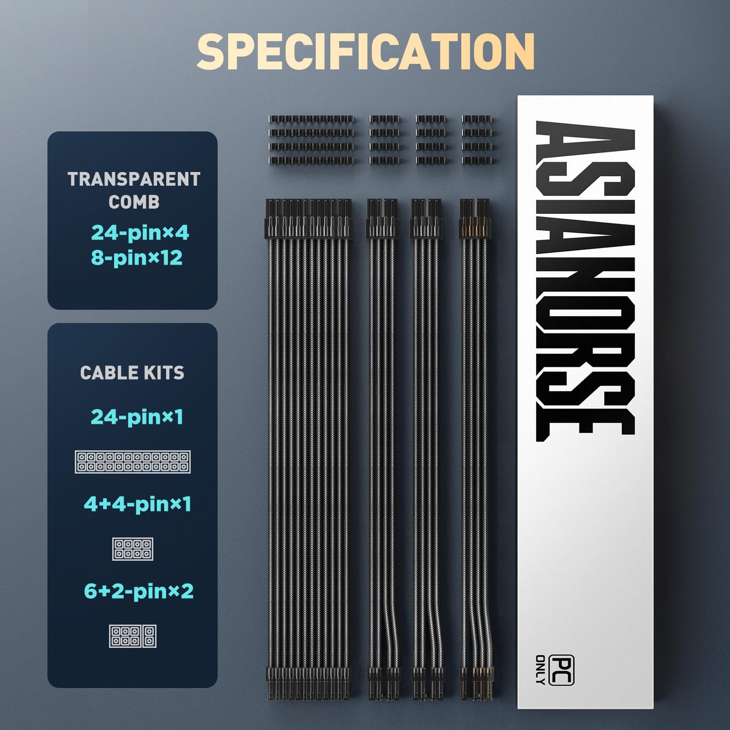 AsiaHorse Customization Mod Transparent Sleeve Extension Power Supply Cable Kit 16AWG ATX/EPS/8-pin PCI-E/6-pin PCI-E (Black Transparent)