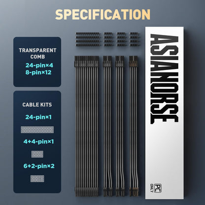 AsiaHorse Customization Mod Transparent Sleeve Extension Power Supply Cable Kit 16AWG ATX/EPS/8-pin PCI-E/6-pin PCI-E (Black Transparent)