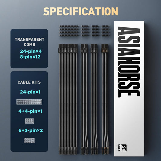 AsiaHorse Customization Mod Transparent Sleeve Extension Power Supply Cable Kit 16AWG ATX/EPS/8-pin PCI-E/6-pin PCI-E (Black Transparent)