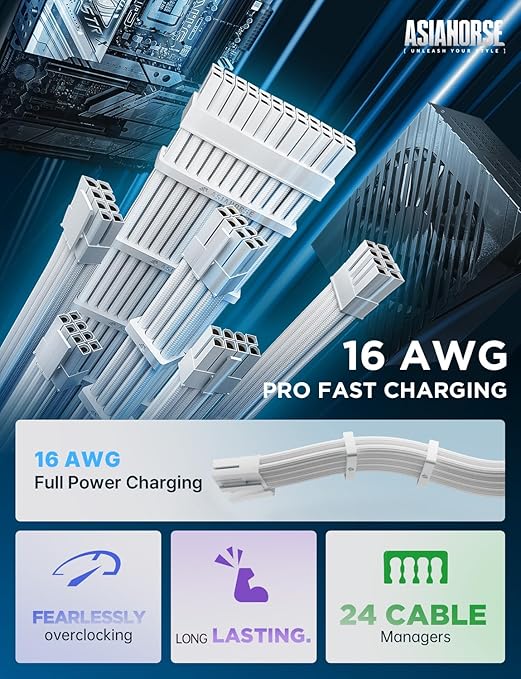 Asiahorse Customization Mod Sleeve Extension Power Supply Cable Kit 16AWG ATX/EPS/8-pin PCI-E/6-pin PCI-E (White)
