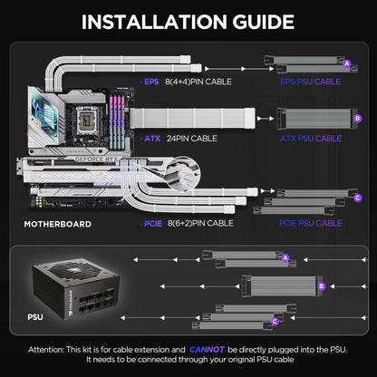 Asiahorse Customization Mod Sleeve Extension Power Supply Cable Kit 16AWG ATX/EPS/8-pin PCI-E/6-pin PCI-E (White)