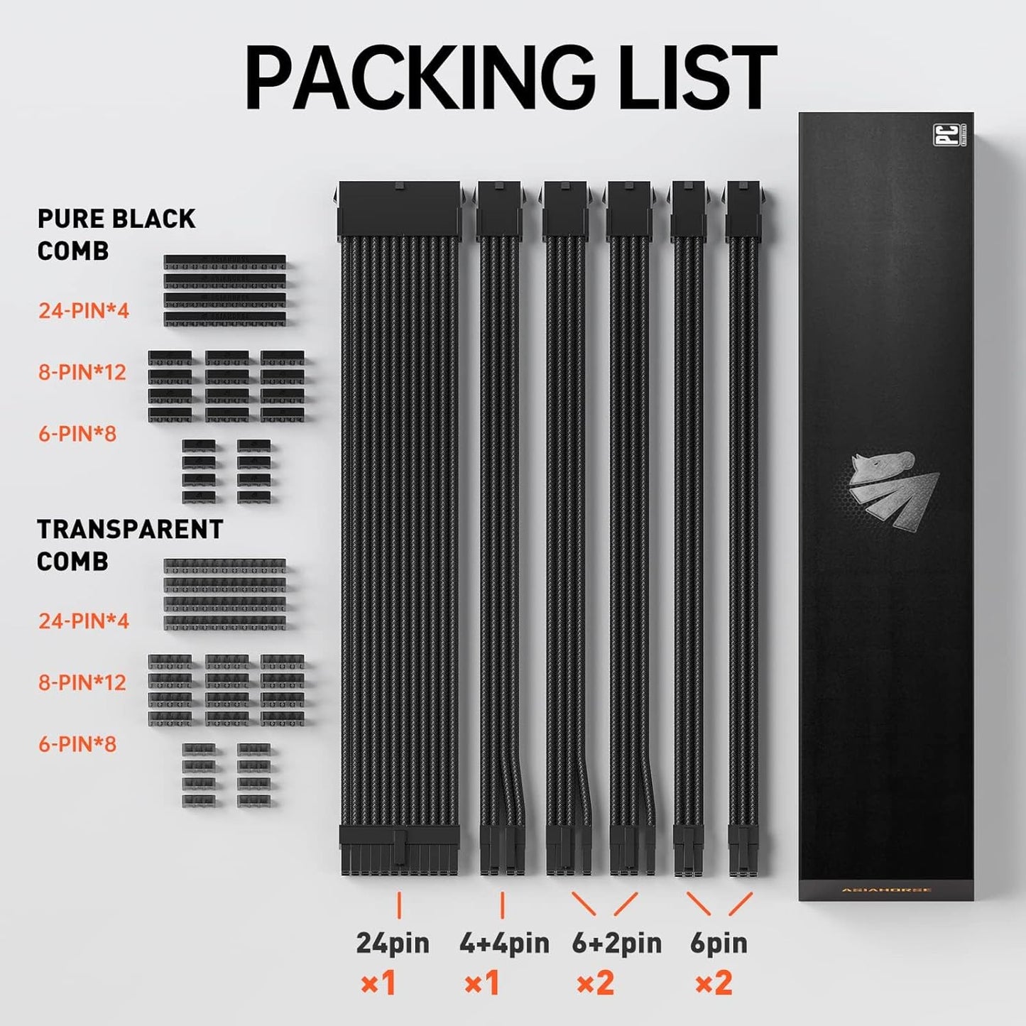 Asiahorse Customization Mod Sleeve Extension Power Supply Cable Kit 18AWG ATX/EPS/8-pin PCI-E/6-pin PCI-E (Black)