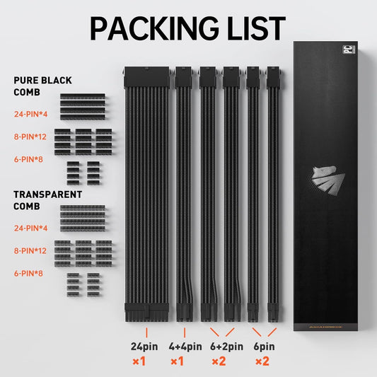 Asiahorse Customization Mod Sleeve Extension Power Supply Cable Kit 18AWG ATX/EPS/8-pin PCI-E/6-pin PCI-E (Black)