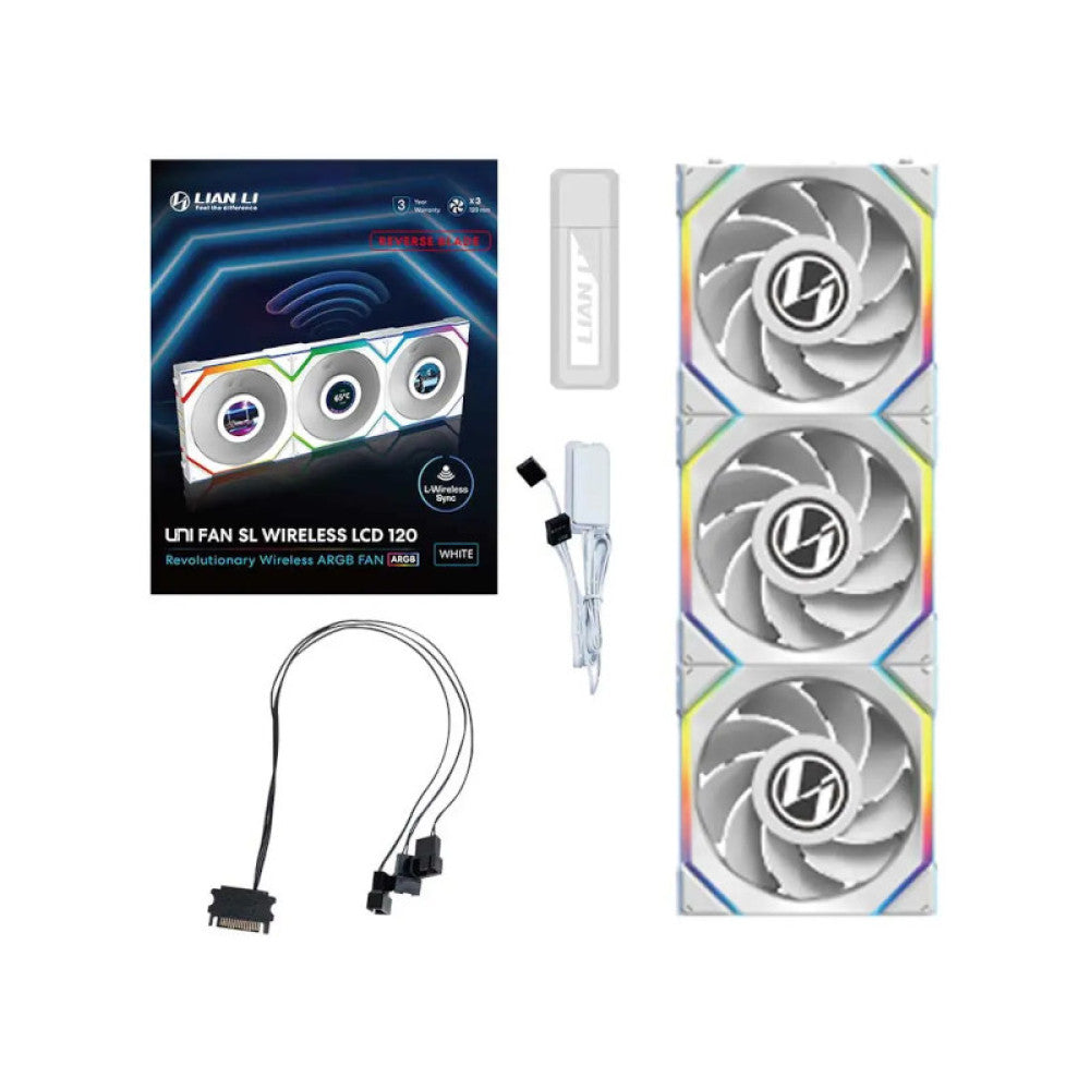 Lian Li Uni Fan SL Wireless LCD 120 Reverse Blade 120mm Case Fan Triple Pack - White